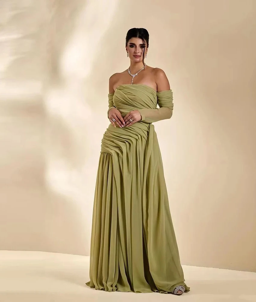 Vestido de noche personalizado de gasa Sexy con hombros descubiertos, vestidos de fiesta hasta el suelo de manga larga sin tirantes de alta calidad