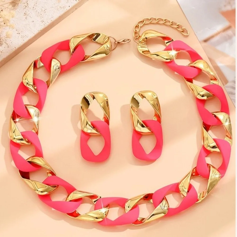 Fashion Fluorescent Color Jewelry Set Resin Acrylic Splicing Matte And Earrings Chunky Statement Party Accessories