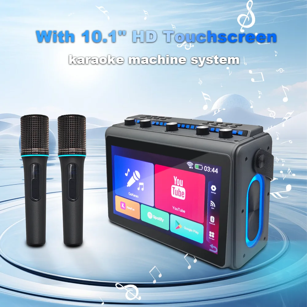Portable Smart Karaoke Machine 10.1 HD Touch Screen Android12 2 Wireless Microphones HDMI TV Casting 6000mAh Long Battery Life