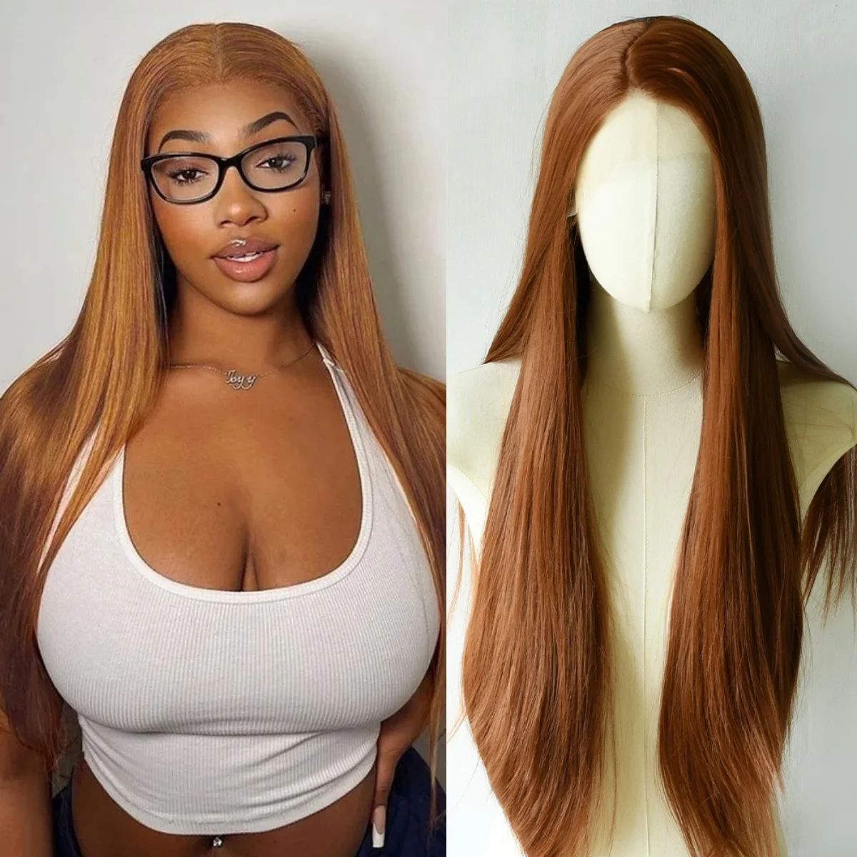 Peruka w kolorze jasnego brązu, peruka typu lace front 13x4, peruka typu lace frontal, prosta jak kość, wstępnie wyregulowana linia włosów, gotowa do założenia, odporna na ciepło, syntetyczne włosy do codziennego użytku.