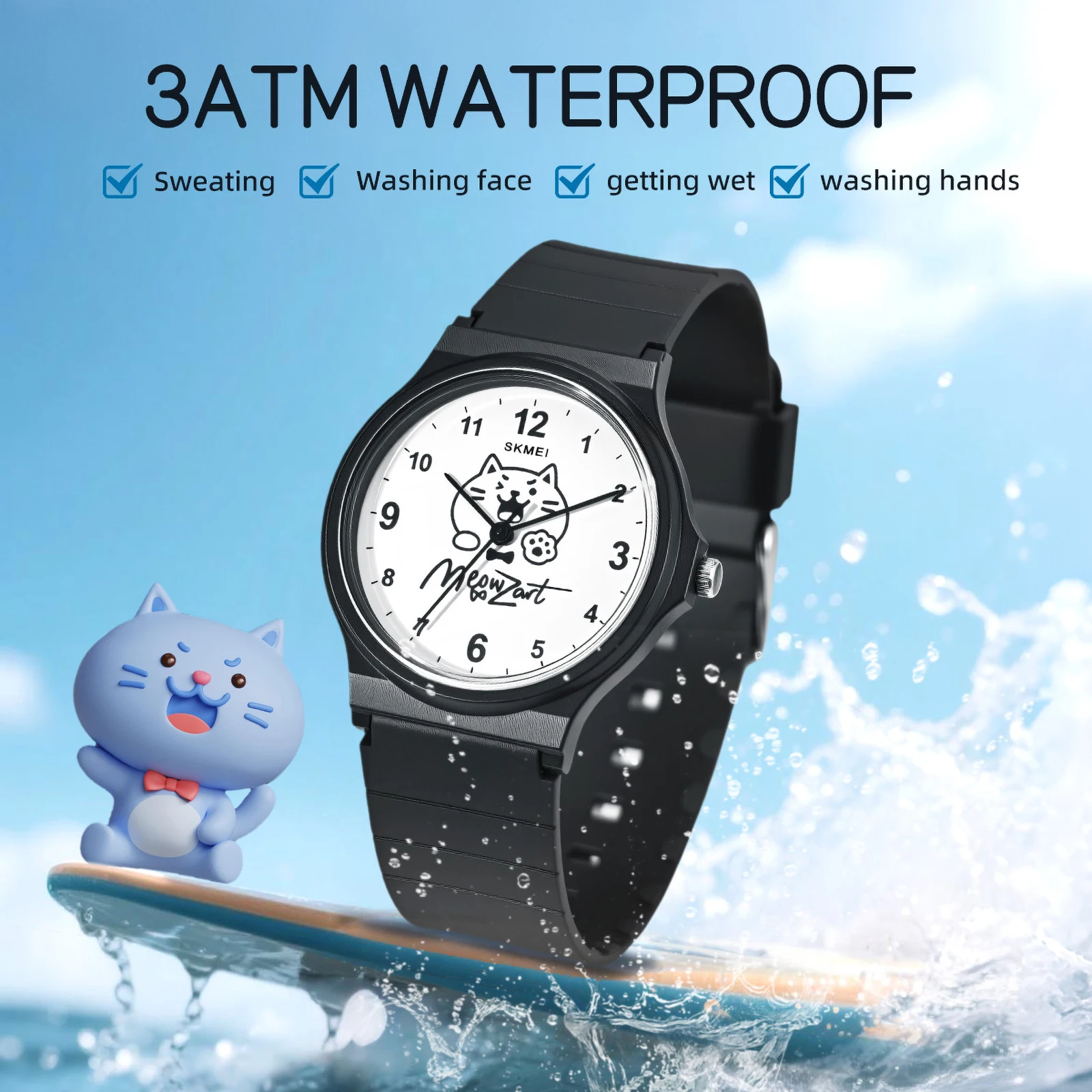SKMEI 7801 MEOWZART Quartz Wristwatch Student Fashion Simple Watch 30M Waterproof Cute Cat Embroidery Casual Clock Outfit Wear view 3