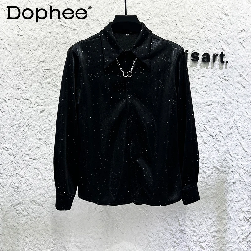 

2025 New Fashion Trend Design Starry Sky Diamond-Studded Long Sleeve Shirt for Men Korean Style Casual Loose Draped Collar Shirt