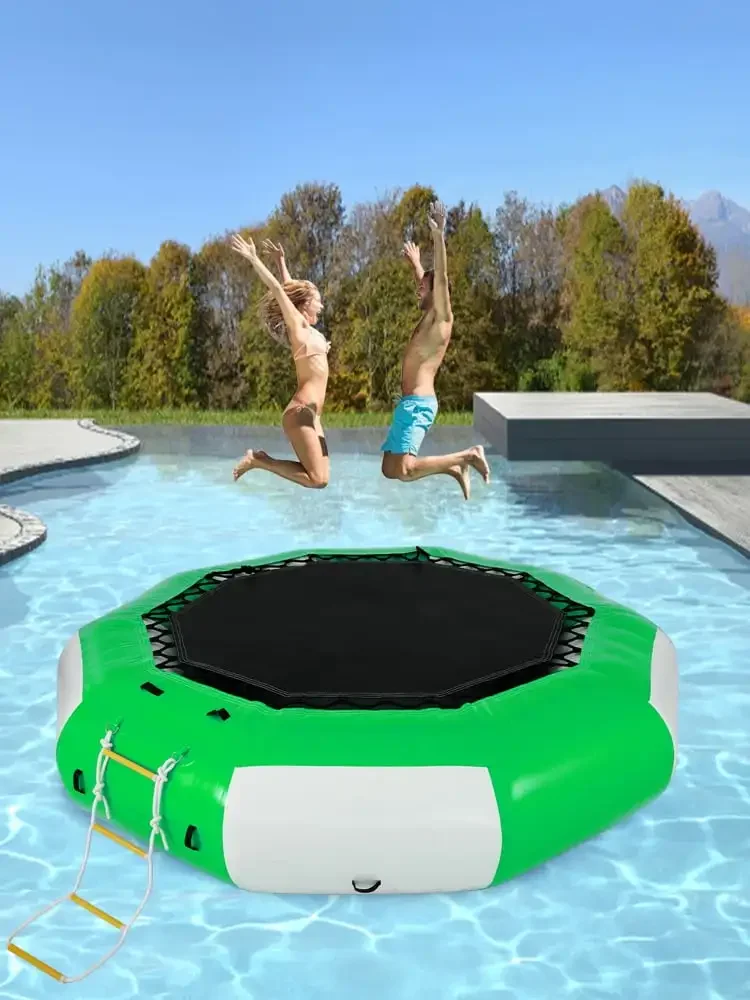 Inflatable Water Trampoline 10ft, Round Inflatable Water Bouncer with 4-Step Ladder