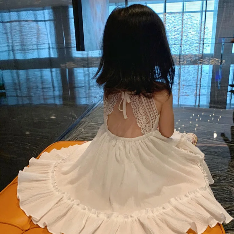2-10 Years Girls Dress White Summer Backless Lace Chiffon Dress For Girls Elegant Princess Dress Birthday Gift Baby Kids Clothes