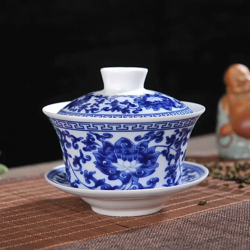 Jingdezhen-blue and white ceramic bowl, large gaiwan, eight treasure tea household cover
