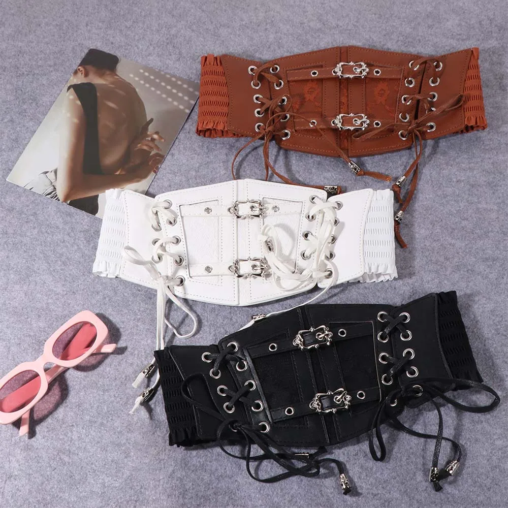 

Панк-корсет с регулируемыми шнуровками, кожаный эластичный пояс-корсет, широкий поясной корсет с завязками, однотонный, для женщин