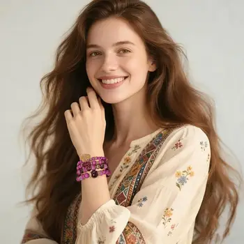 女士波西米亞風綠松石串珠手鍊套裝 | 多層疊戴心形吊墜 | 時尚波西米亞風配件 8 最佳銷售 綠松石手鐲 - №2