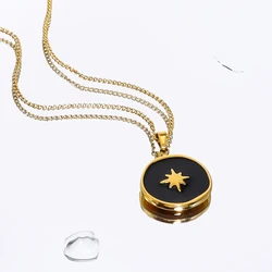 WILD & FREE Vintage Irregular Round Pendant Necklace for Women Geometric Star Black Enamel Stainless Steel Jewelry