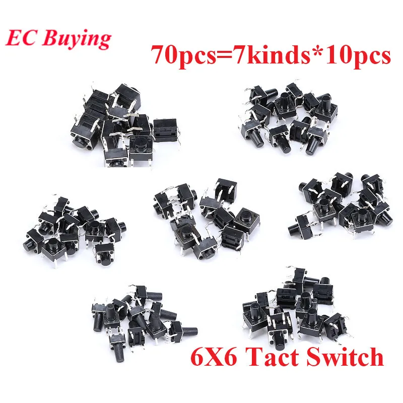 70pcs 6*6 Tact Switch Tactile Push Button Switch Kit 6x6x4.3/5/6/7/8/9/10 SMD Assortment D