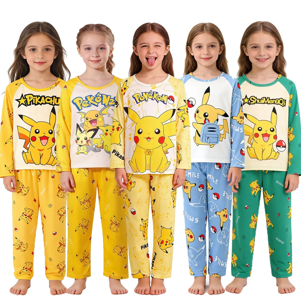 Children's Pokémon Pajamas Set Boys Girls Pikachu Printed Long Sleeve Sleepwear Cute Pjs for Kids Baby Nightwear