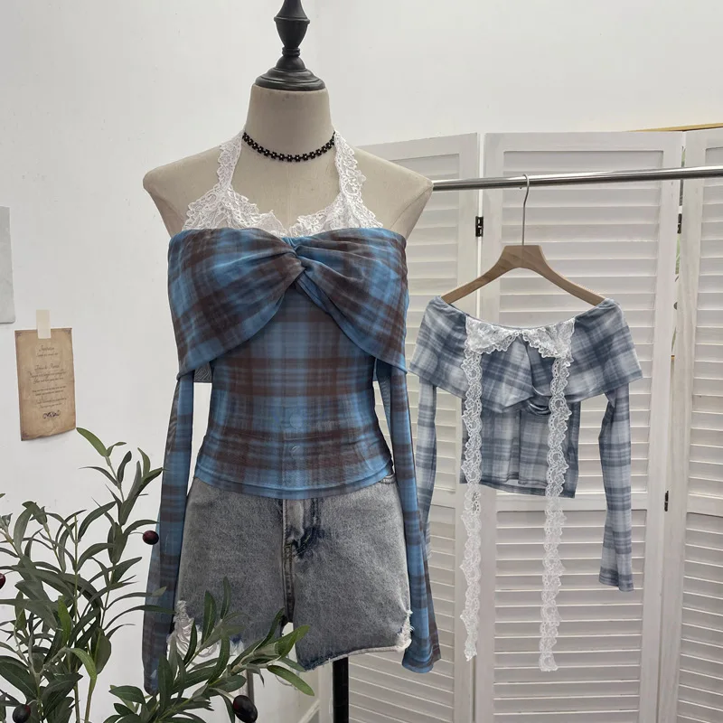 ISAROSE Y2K-Tops de encaje con cuello Halter para mujer, Camiseta informal a cuadros con lazo grande, malla elástica, cuello oblicuo, manga larga, con cordones, talla única