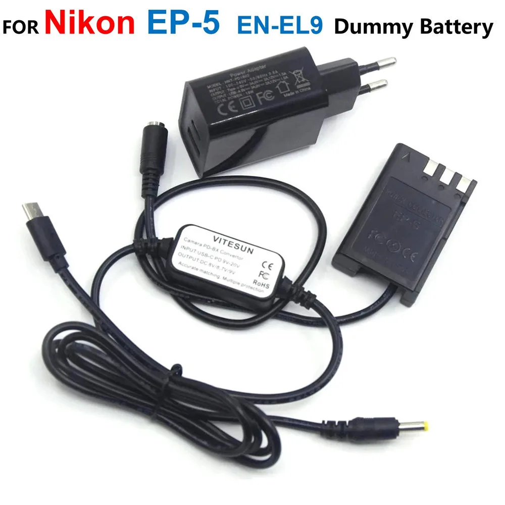 

EH5A USB C Power Bank Cable+EP-5 EP5 EN-EL9 ENEL9 Dummy Battery+PD Charger Adapter For Nikon D40 D40X D60 D3000 D5000