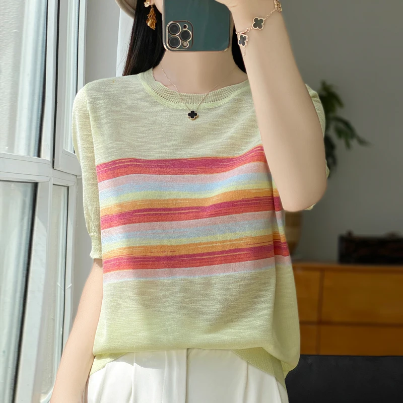 

Summer Women's T-shirt Casual Splicing Color Knitted Short Sleeve Round Neck Tees Loose Cool Top Stripe Basic Versatile Blouse
