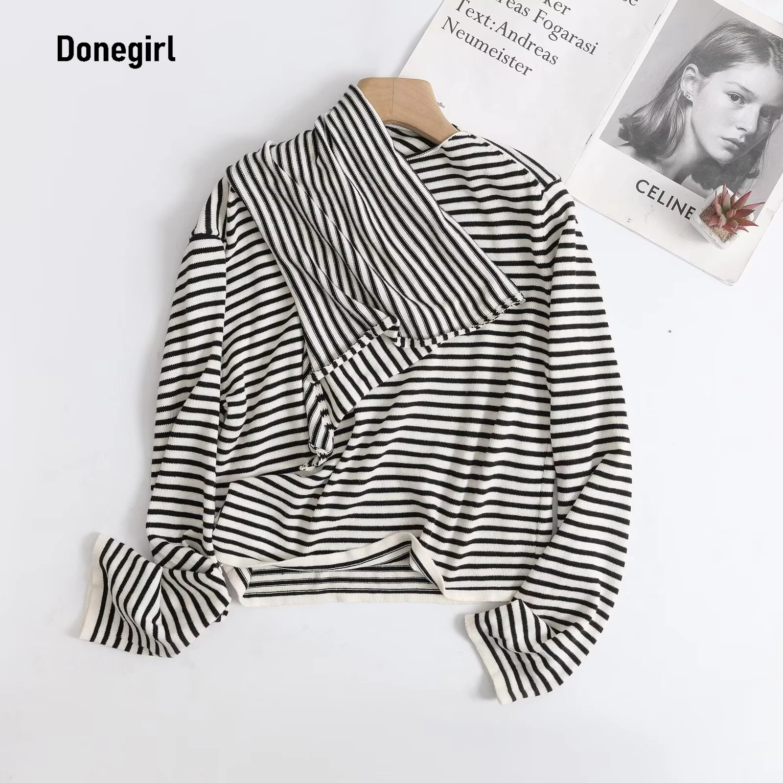

Women's Stripe Loose Casual Shawl Collar Long Sleeve Knitted Sweater Top Fashion Pullover Streetwear