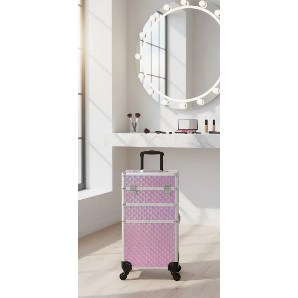 

3-in-1 Rolling Makeup Case with 360° Wheels, Lock, and Diamond Pattern - Pink for Professionals