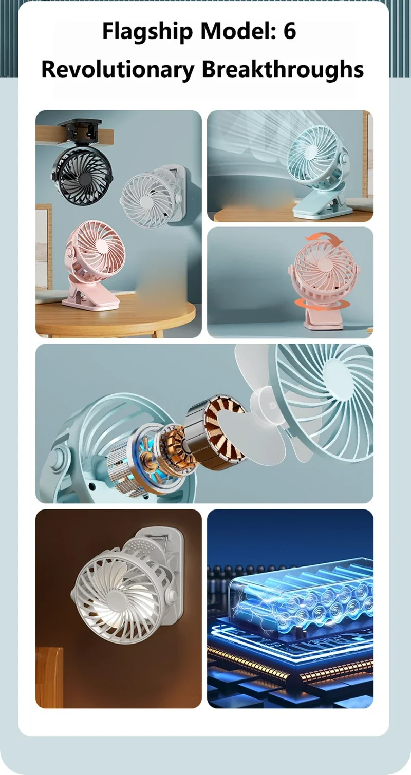 Portable Mini Cooler Fan 720°Rotatable Clip Fan Built In Night Lamp USB Rechargeable Personal Fan For Outdoor Camping Ventilador
