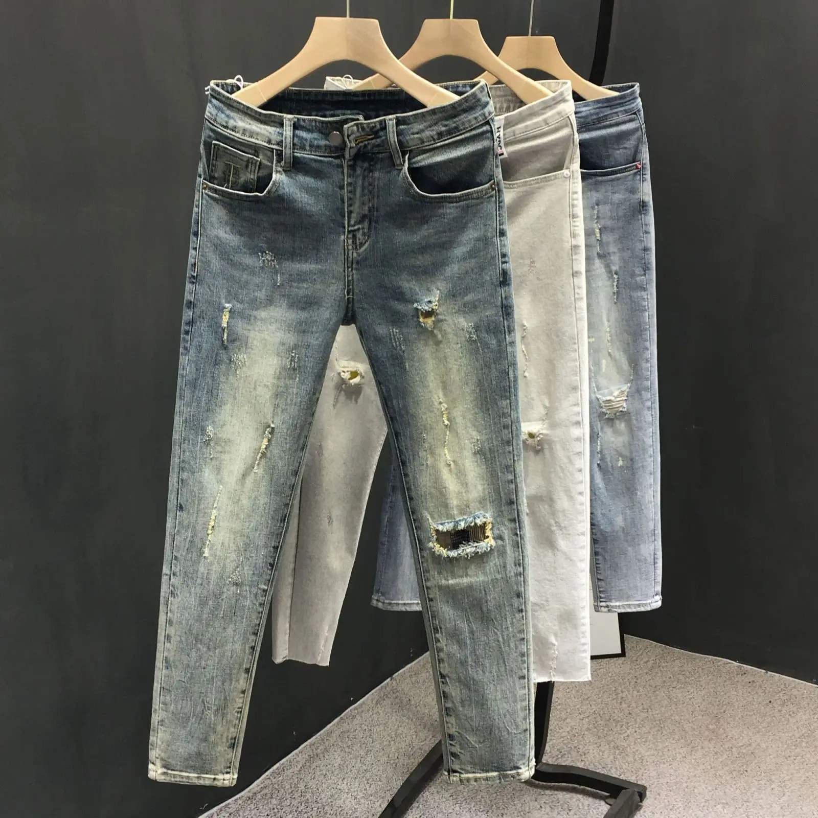 

New Fashion Luxury Korean Style Vintage Stylish Casual Denim Slim Jeans for Men Spring Autumn Distressed Holes Cotton Trousers