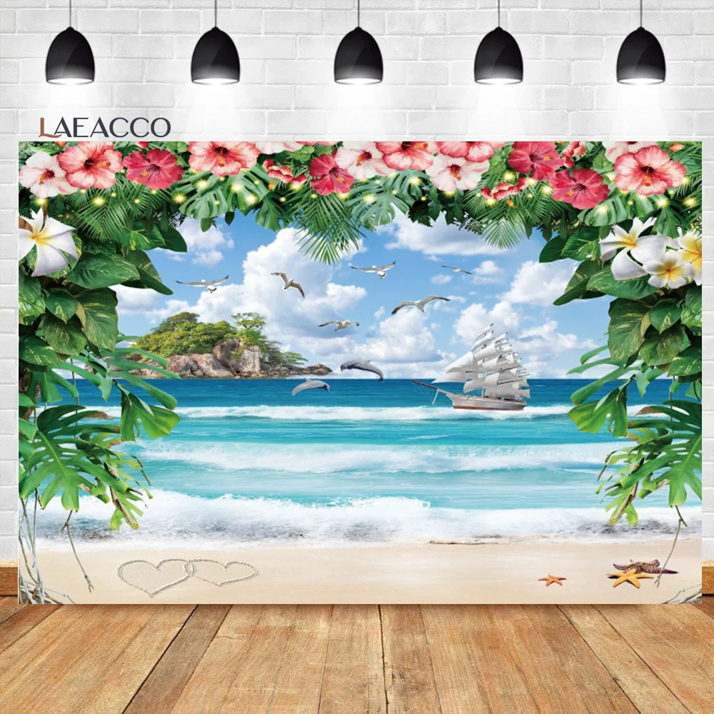 Laeacco Summer Seaside Background Sunny Beach Blue Sky Cruise Tropical Palms Tree Vacation Tourism Portrait Photography Backdrop