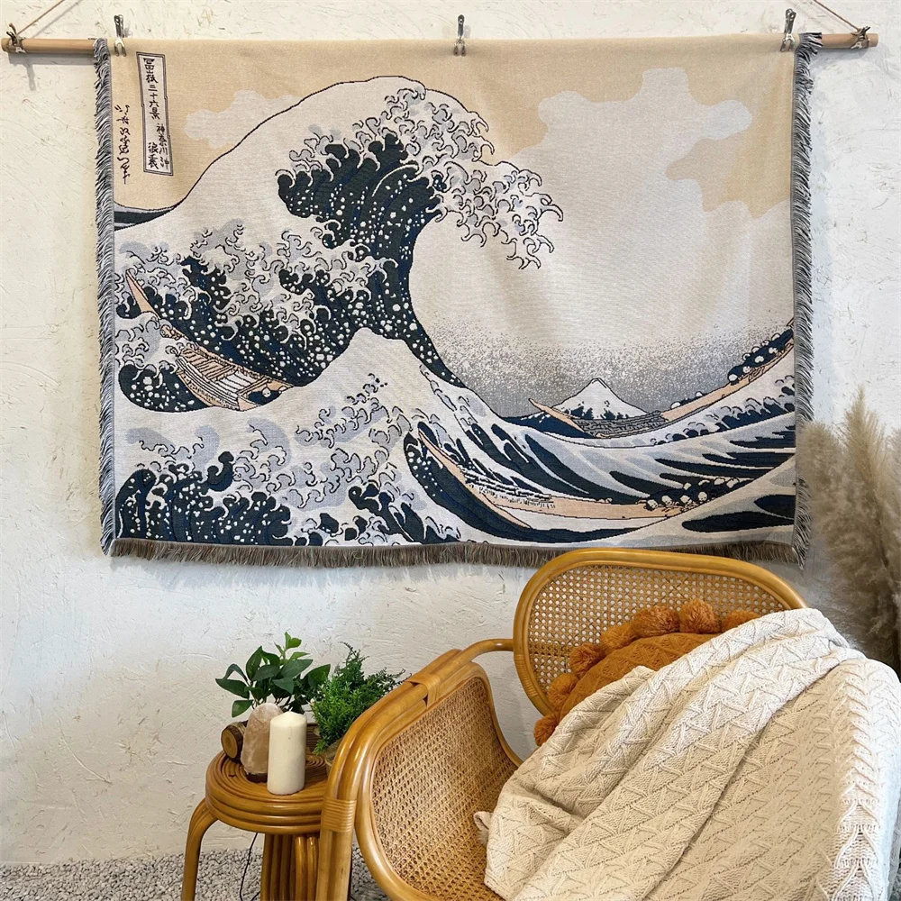 Double Sided Japanese style Sea Wave Boho Fringed Throwing Blanket Decor Sofa Towel Leisure Blanket Bed Spread Travel Picnic Mat