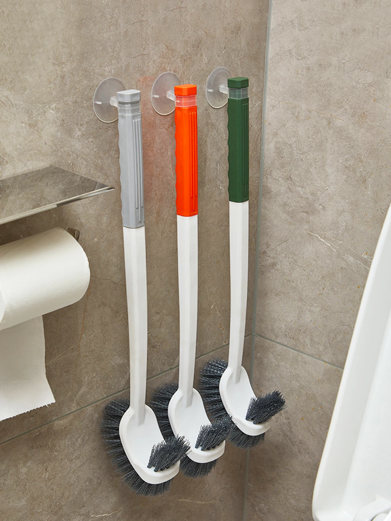 Long Handled Toilet Brush Suction Cup Type Hole Free Wall Mounted Coral Orange Double-Sided Elbow No Dead Corners Cleaning