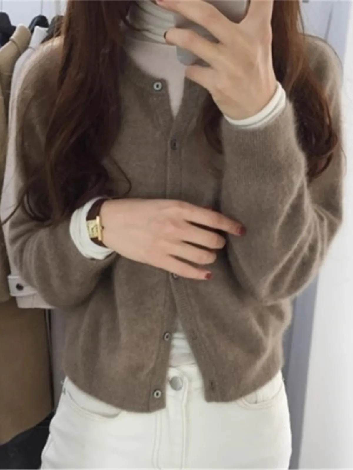 2024 Knitted Angora Cardigan Women's Sweater Short round Neck Loose Outerwear Autumn and Winter Fleece Loose Top Outdoor