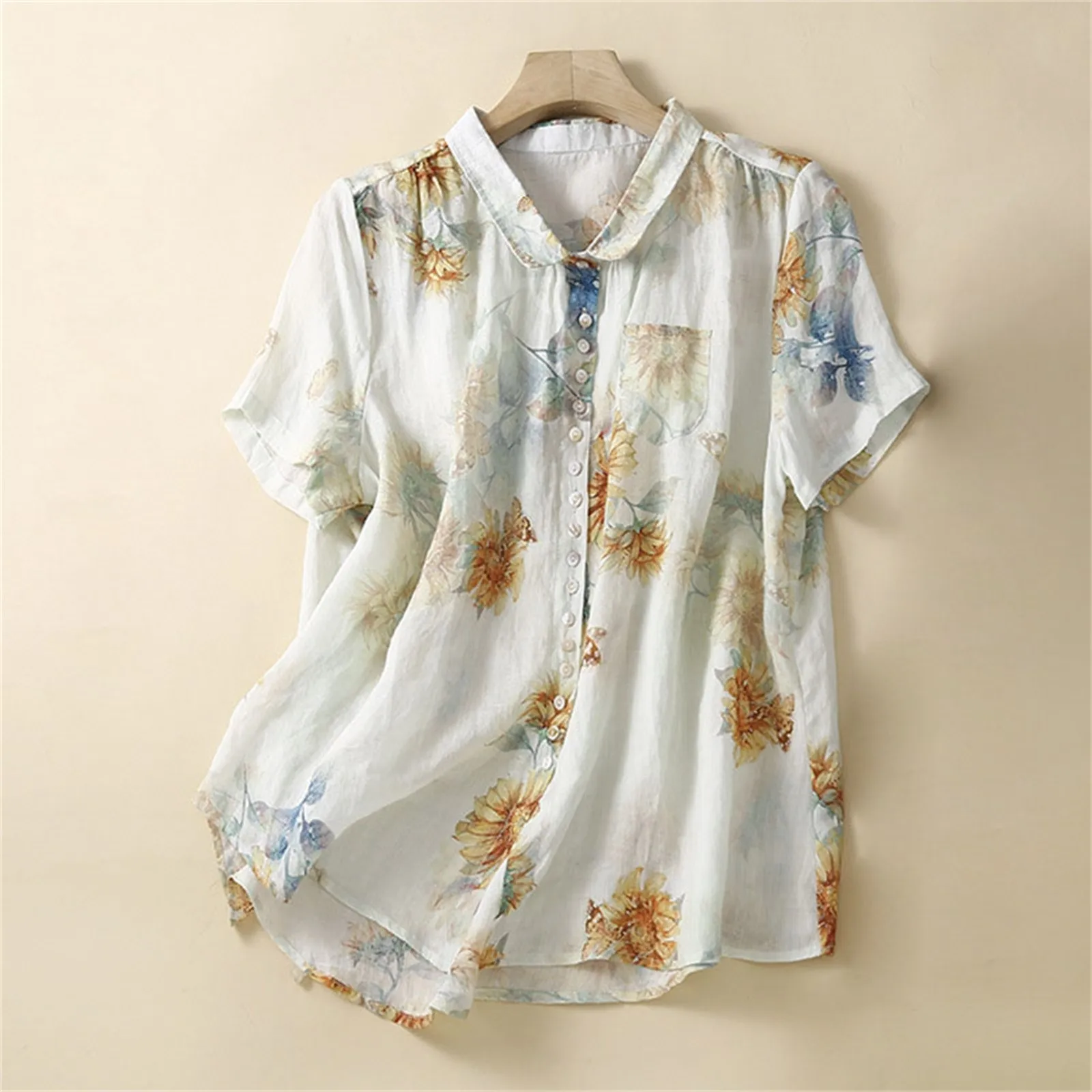 Vintage Floral Print Short Sleeve Button Up Breathable Cotton Linen Shirt Oversize Denim Shirt for Women