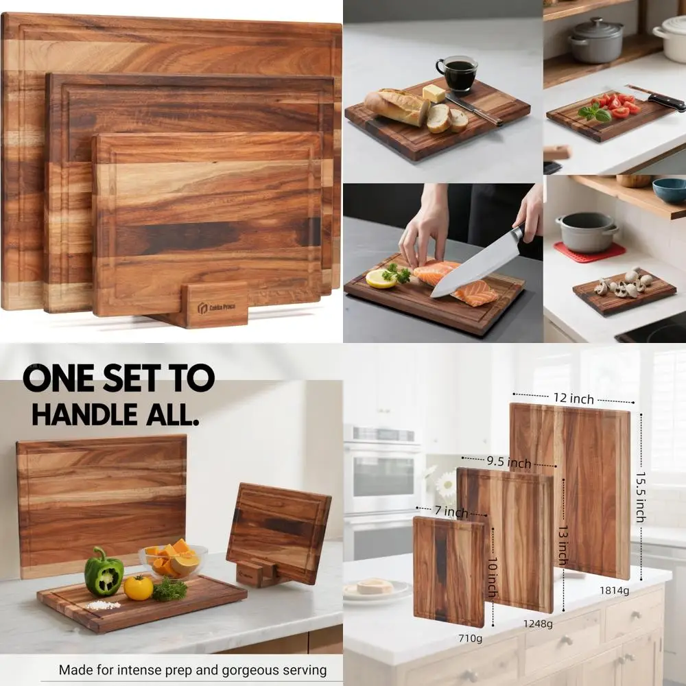 

Kitchen Cutting Board Set with Stand - 3 Piece Knife-Friendly Acacia Wood Boards, 0.7 Thick for Butcher Block Use