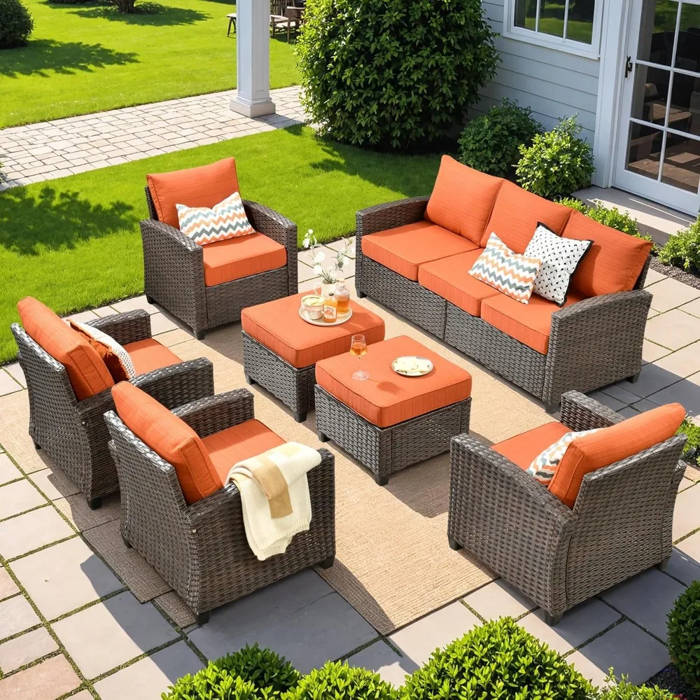 

7 Pieces Patio Furniture Set, Outdoor Wicker Rattan Sofa Couch with Chairs, Ottomans and Comfy Cushions, Garden Furniture Sets