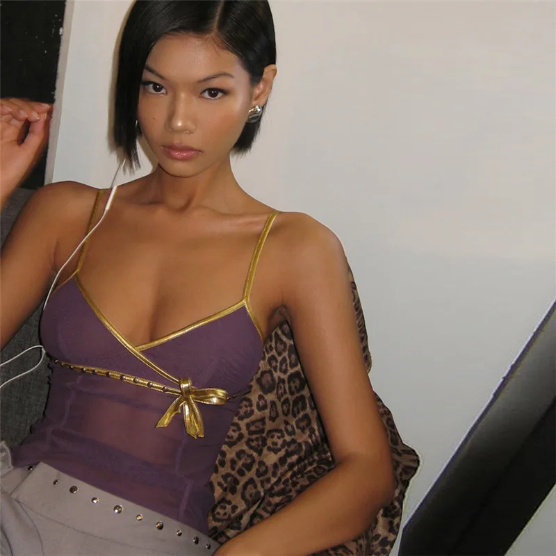 

2025 New See Through Camisole Tops Women Sexy Patchwork Bow Collar Cross Low-Neck Summer Trend Street Midnight Versatile Clothes