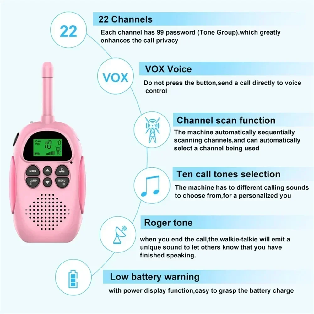 2 pçs walkie talkie crianças mini portátil 3-5km de longo alcance 1000mah bateria rádio interfone brinquedos com lanterna para meninos meninas