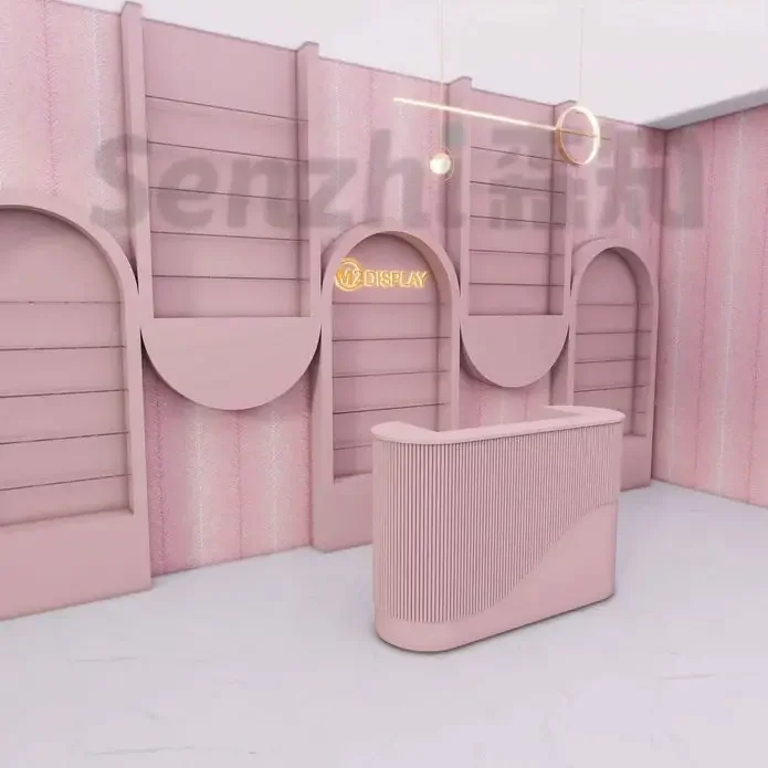 Pink Reception Table Reception Desk Furniture Panel Grey Wood Mid-century Modern Spa Front Office Beauty Salon Office