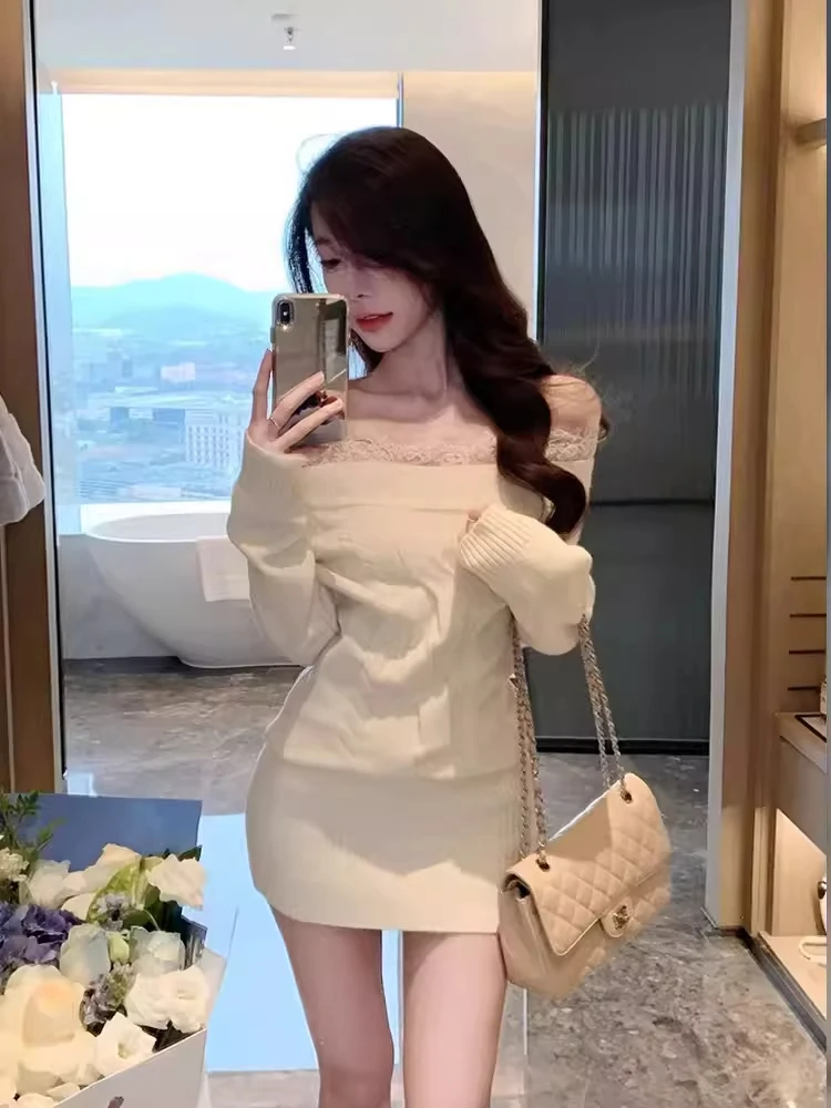 

Сексуальный кружевной свитер с асимметричным вырезом на одно плечо и юбка с высокой талией для женщин, облегающий, длинный, для повседневной носки...