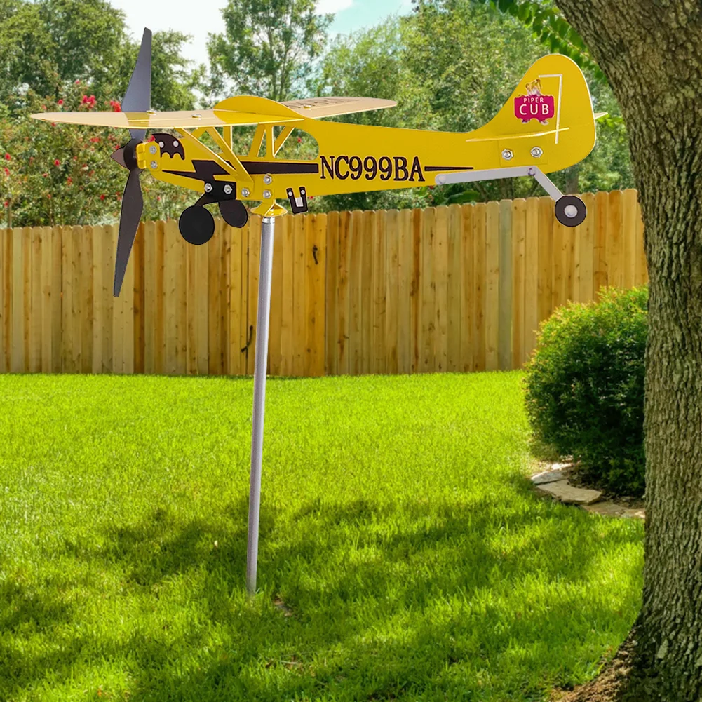 3D Piper J3 Cub Wind Spinner Plane Metal Airplane Weather Vane Outdoor Roof Wind Direction Indicator WeatherVane Garden Decor