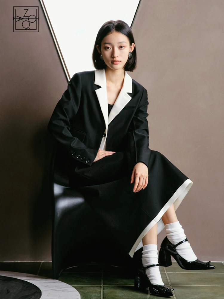 

ZIQIAO Temperament Commute Black and White Color Matching Short Suit for Women 2023 New Autumn A-line Skirt Two-piece Set Female