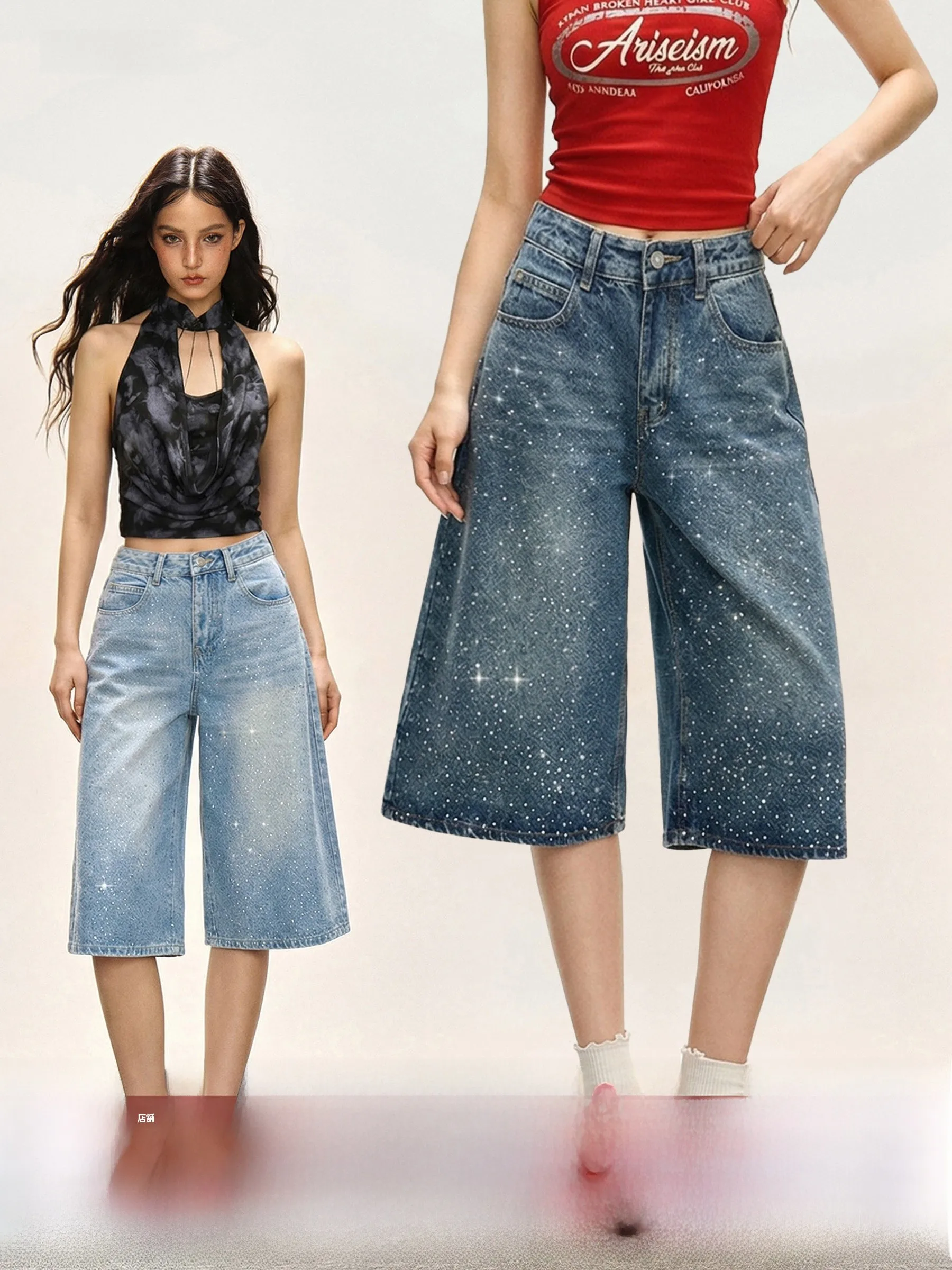 

Блестящие джинсовые шорты с высокой талией для женщин, летние повседневные свободные прямые брюки средней длины, удобные, дышащие, однотонные