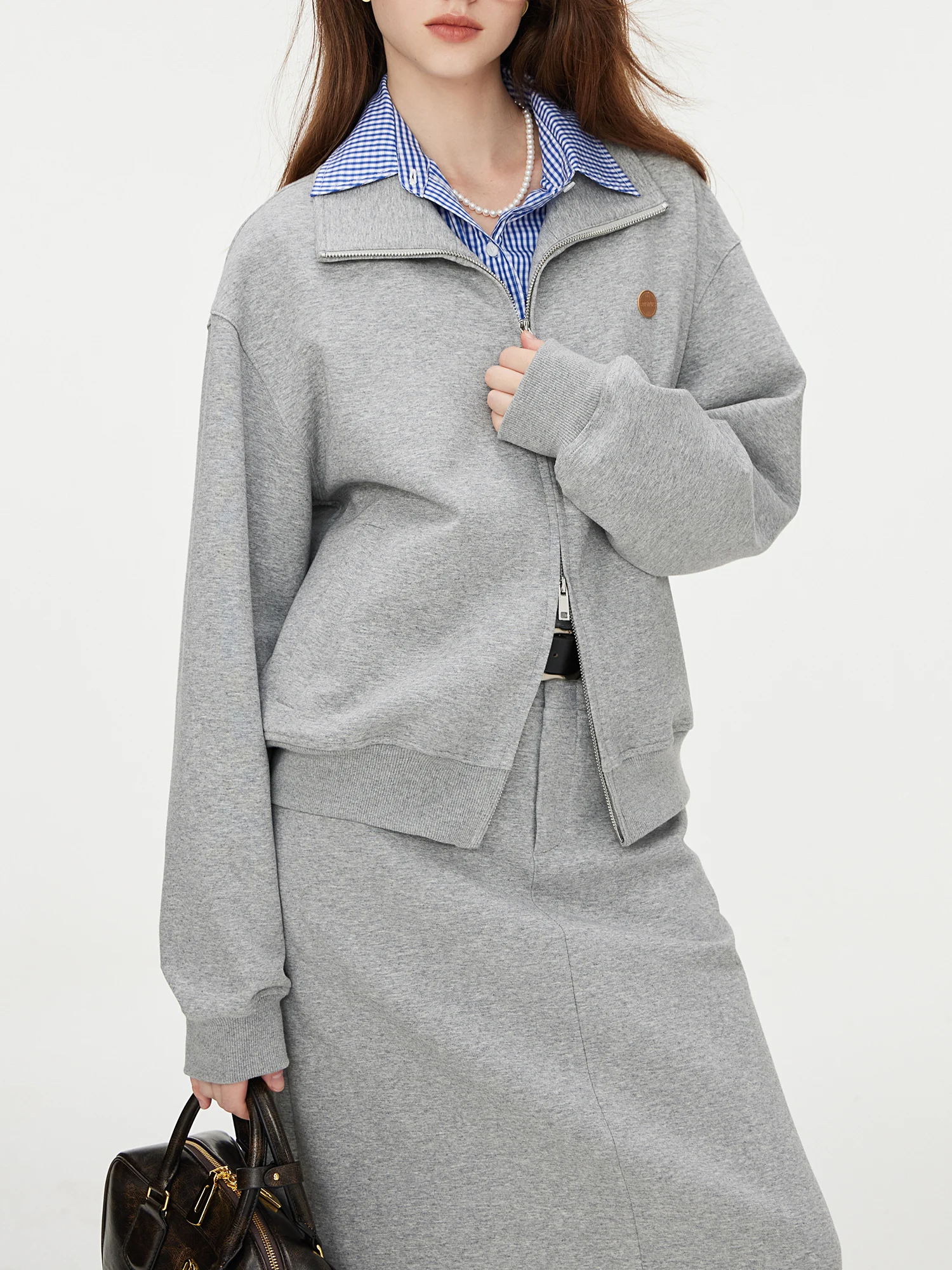 FSLE Women Sweatshirt Set Zipper Placket Female Autumn Grey Casual Coat Sashes Decoration Women A-LINE Skirt 24FS13156+24FS13136