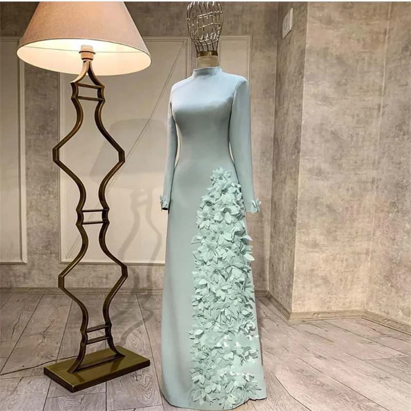 

Мятное элегантное вечернее платье, арабское свадебное платье, индивидуальное платье с высоким воротом и длинными рукавами, расшитое бисером и цветами, длиной до пола, платья для выпускного вечера