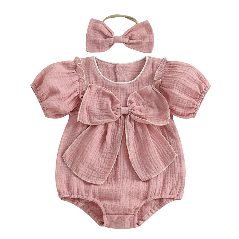 

Newborn Infant Baby Girl Summer Clothes Cotton Linen Short Sleeve Bubble Romper Bow Bodysuit Jumpsuit with Headband
