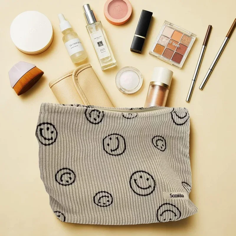 10x6.3x2.6 inches(27x16x6.5 cm) Smiling Face Corduroy Cosmetic Bag, Dots Makeup Bag Travel Toiletry Bag Travel Makeup Pouch Aest