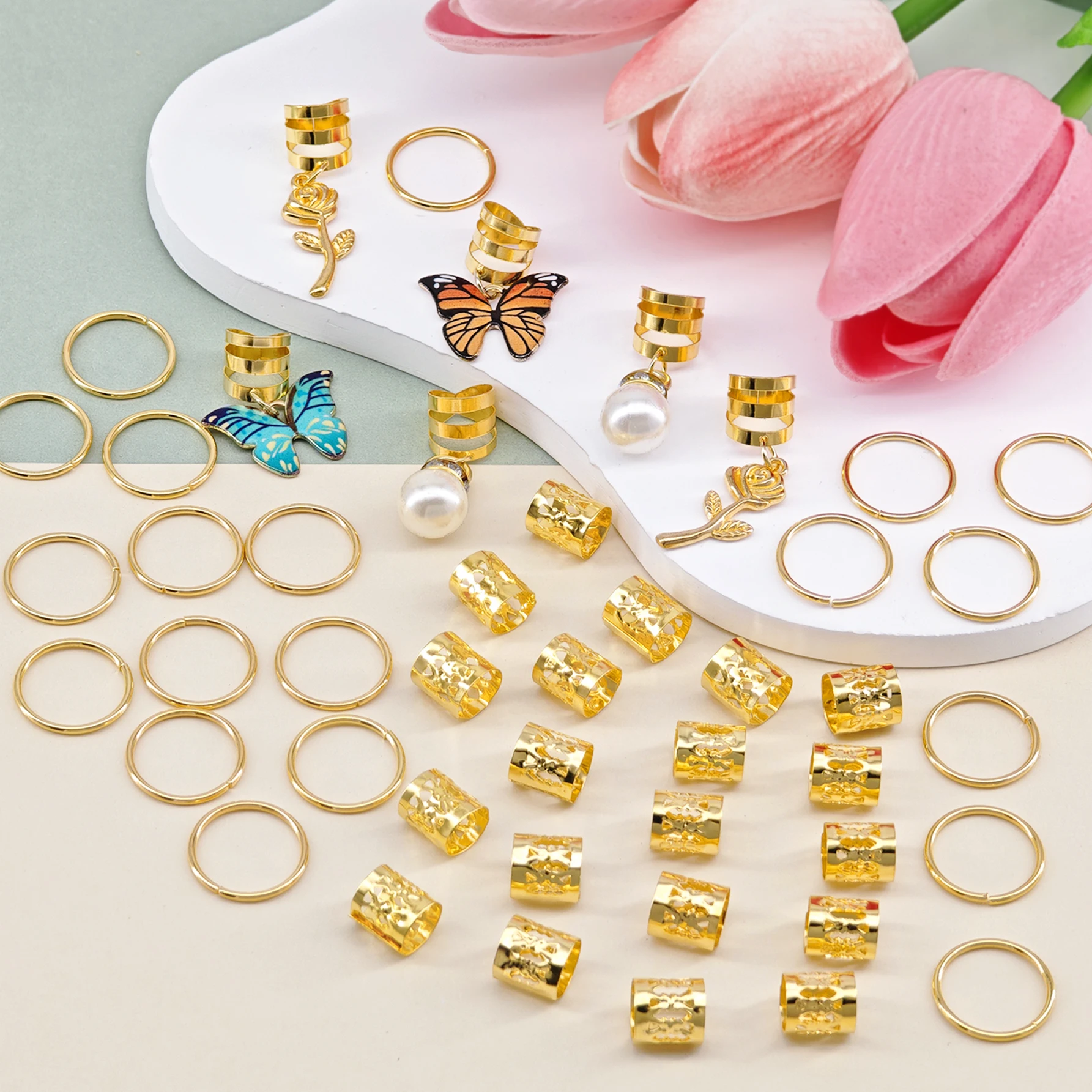 46 個ローズバタフライ三つ編みクリップクリスタルドレッドヘアアクセサリーカラフルな蝶ペンダントチャームパールヘアジュエリーギフト