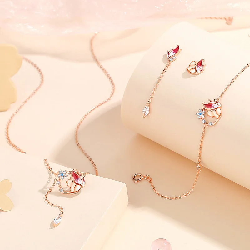 NEW European AAA CZ 100% S925 Sterling Silver Necklace Chain Cute Fox For Women Birthday Party Gift Jewelry
