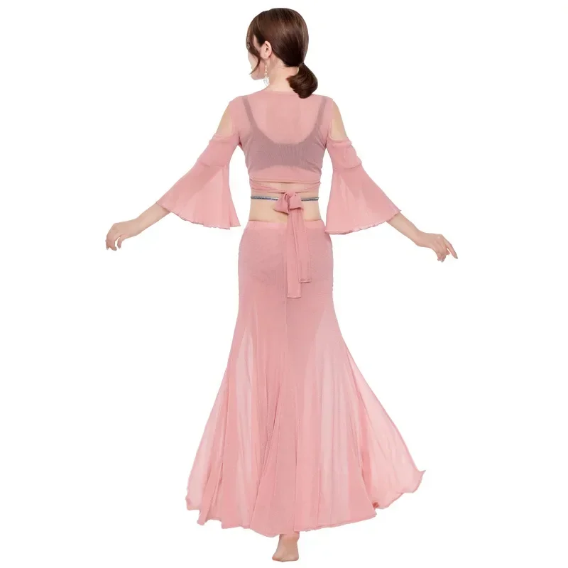 

New Belly Dance Costumes For Women Trumpet Sleeve Irregular Skirt Oriental Bellydance Practice Clothes 2-piece Suit Dancewear