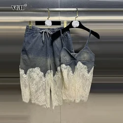 VGH Slimming Denim Two Piece Sets For Women V Neck Sleeveless Sexy Tops High Waist Jeans Patchwork Lace Hollow Out Set Female