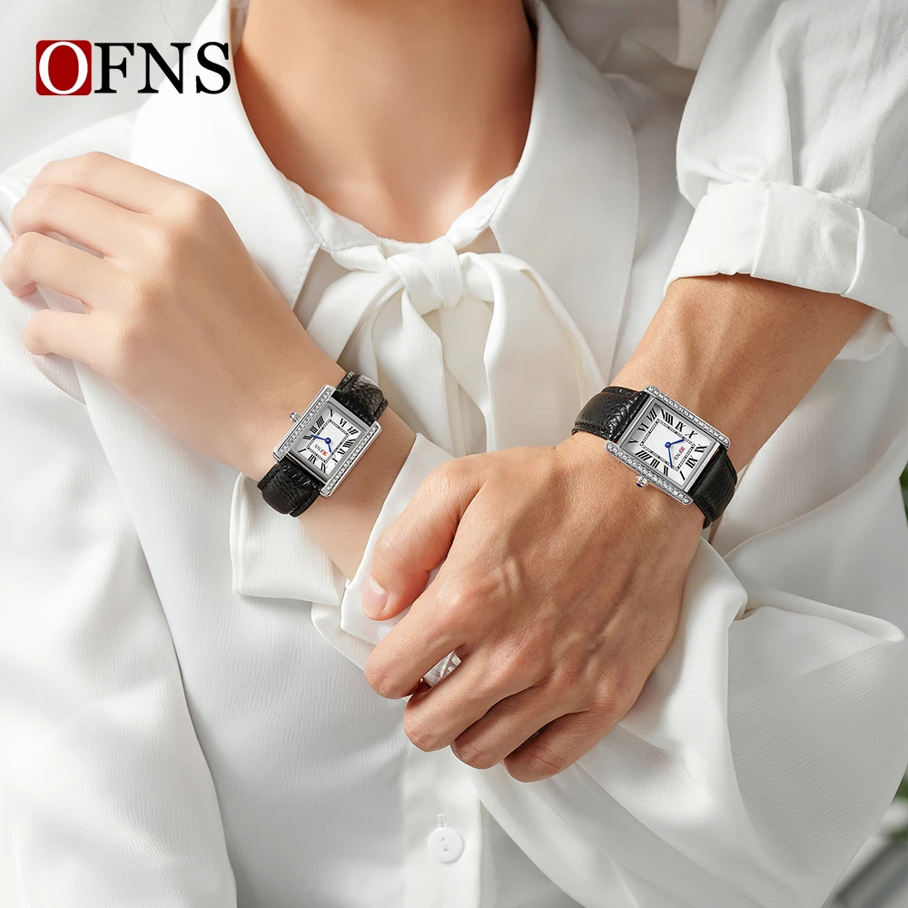 OFNS 1509 1520 Кварцевые квадратные часы для пар, модный деловой комплект, водонепроницаемые кварцевые часы для пар с бриллиантами, мужские и женские часы