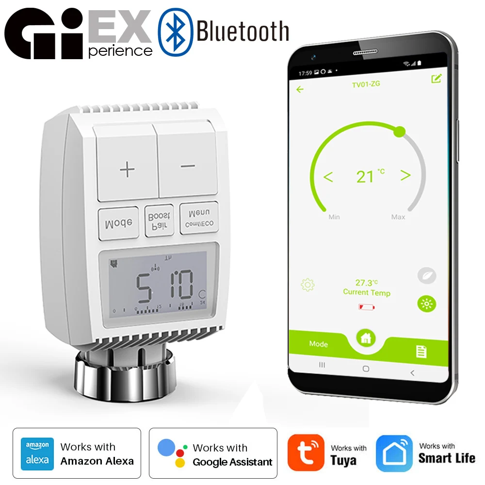 Bluetooth Thermostatic Radiator Valve Button Actuator TRV Programmable Temperature Controller Alexa Tuya Smart Life Google