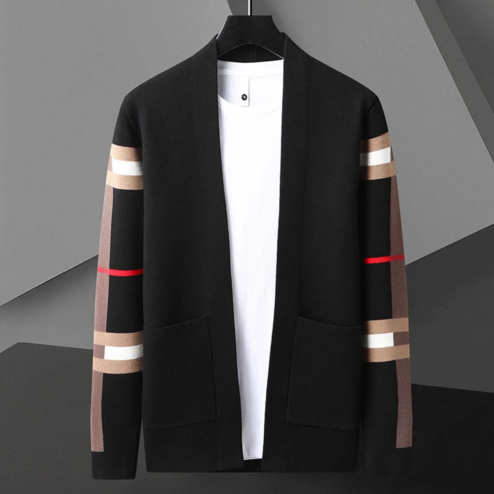 Open Front Men's Sweater Cardigan Winter Thick Long Sleeve Knit Sweater Coat Streetwear Pockets Korean Formal Men's Outerwear