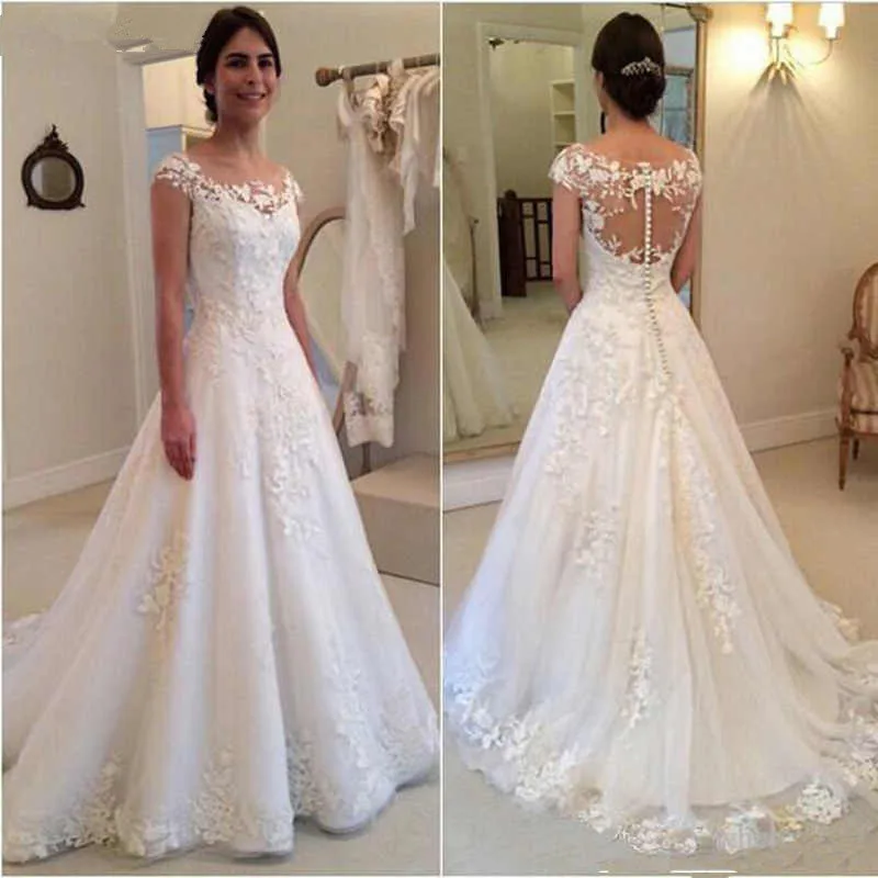 

White Elegant Appliqued Wedding Dresses 2022 Sheer Back Cap Sleeves Vintage Lace Bride Dress vestidos de novia Vintage A-line