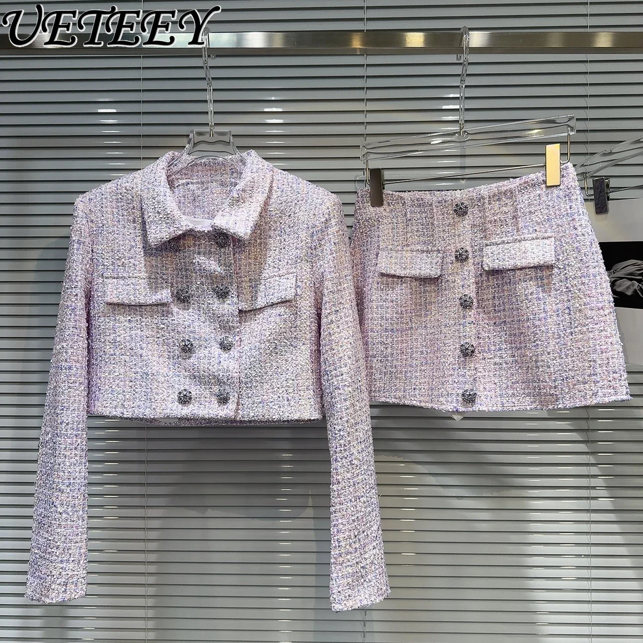 

Temperament Short Coat Autumn and Winter New Double-row Rhinestone Buckle Tweed Jacket + A-shaped Mini Skirt Two Piece Set