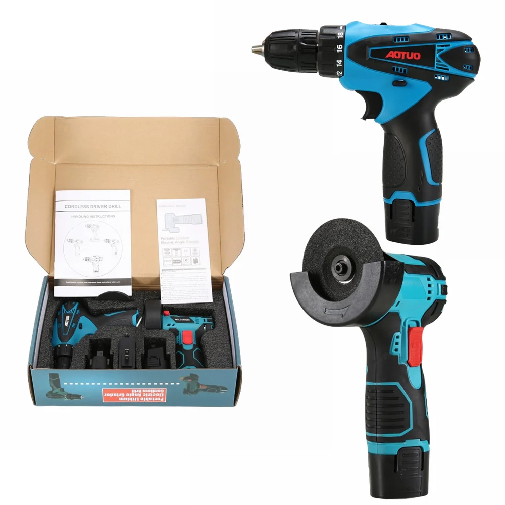 

2-Piece Charging Lithium Electric Drill Hand Drill and Angle Grinder Power Cordless Tool Set
