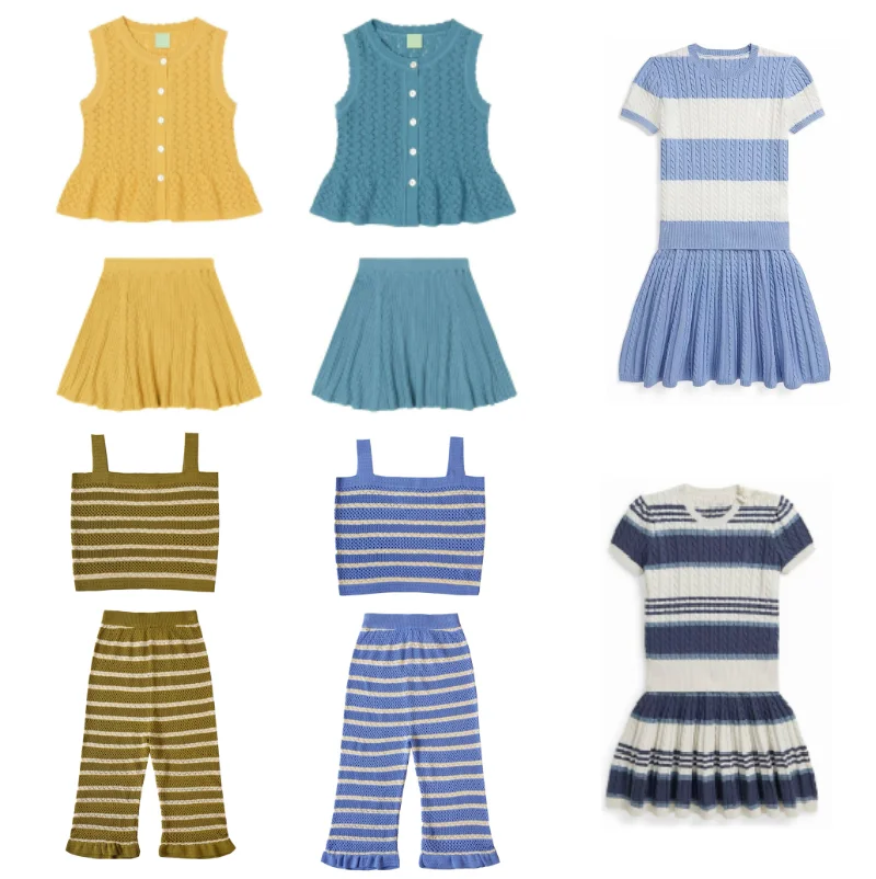 

Комплект для девочек: юбка с коротким рукавом и топ на бретельках, лето 2026, новая модная коллекция, жаккардовый вязаный топ, хлопковый милый топ на бретельках, широкие брюки